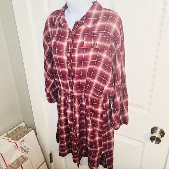 Wild Moss Women's Burgundy Long Sleeve Plaid Mini Shirt Dress M - Picture 7 of 12